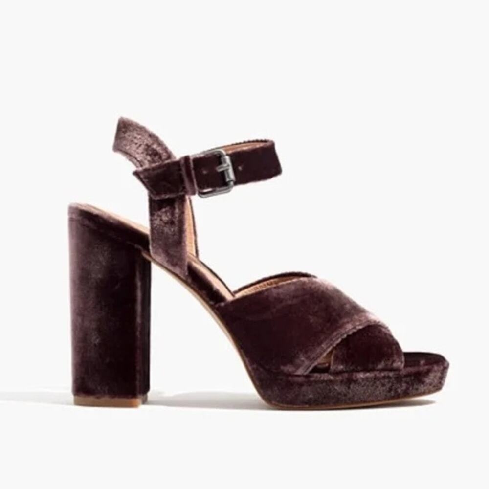 Madewell Vanessa Purple Velvet Ankle Strap Block Heel Sandals Size 6
